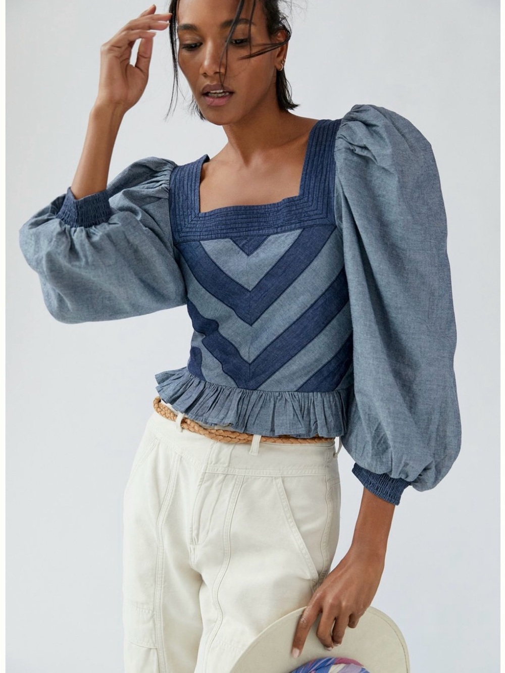 NWT Anthropologie Love the Label XS Chambray/Denim Smocked Full-Sleeved Blouse - Picture 9 of 14
